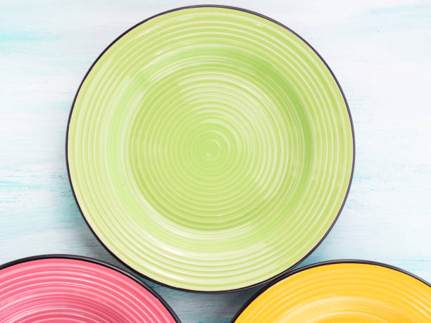 istock Pastel Color ceramic food plates top view background 643036648