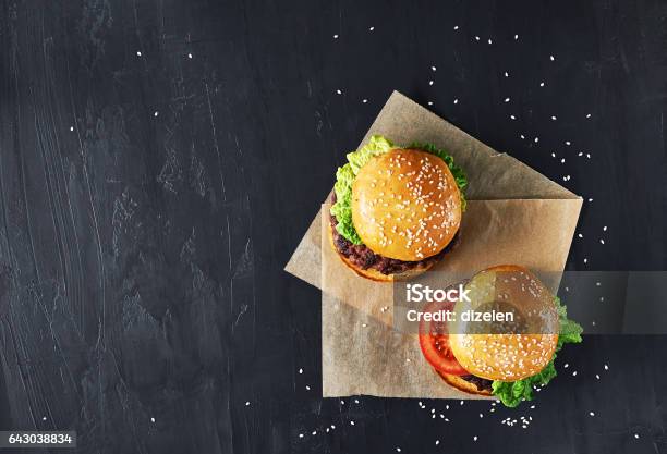 Craft Beef Burgers With Vegetables Stock Photo - Download Image Now - Burger, High Angle View, Hamburger