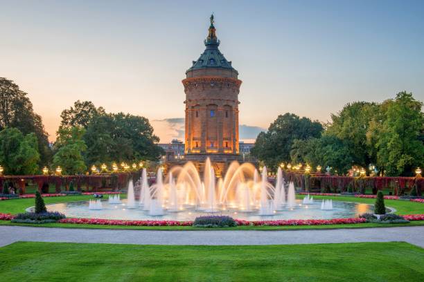 Mannheim, Germany View of the old Water Tower in Mannheim at Sunset mannheim stock pictures, royalty-free photos & images