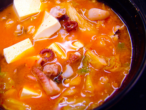 Korean cuisine seafood jjigae (kimchi stew) served in Japan