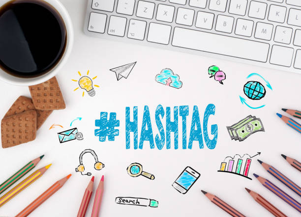 istock Hashtag, Business concept. White office desk with computer keyboard 643050934