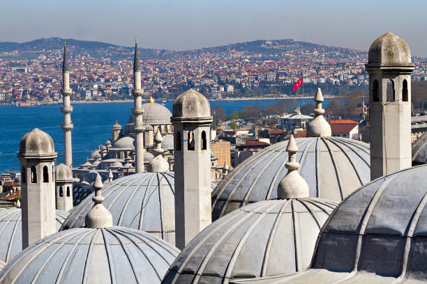 vue sur istanbul par les dômes de la complexe de mosquée de soliman le magnifique. - istanbul surrounding wall suleymanie mosque turkey photos et images de collection