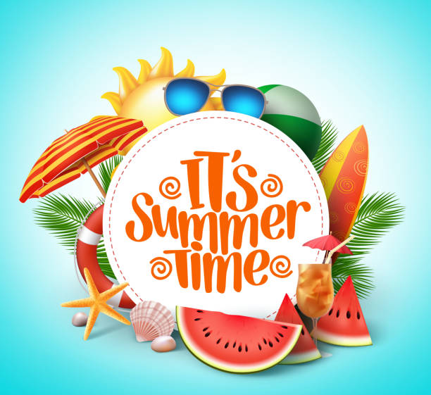 ilustrações de stock, clip art, desenhos animados e ícones de summer time vector banner design with white circle for text - letter alphabet symbol fruit