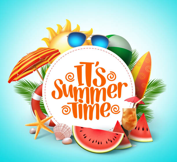 Summer time vector banner design with white circle for text Summer time vector banner design with white circle for text and colorful beach elements in white background. Vector illustration. summer fun stock illustrations