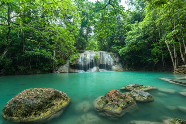 istock Beautiful and Breathtaking green waterfall, Erawan's waterfall 643064274