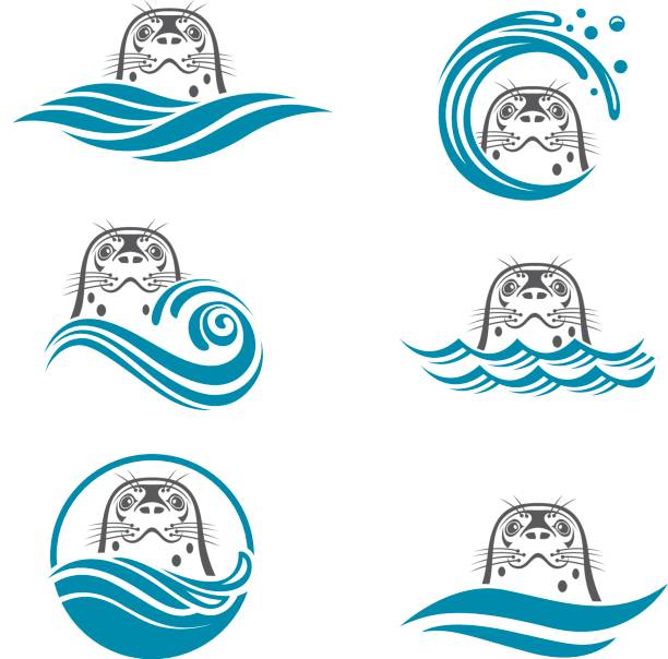 abstract seal icons set collection with abstract symbols of seal and sea wave seal animal stock illustrations