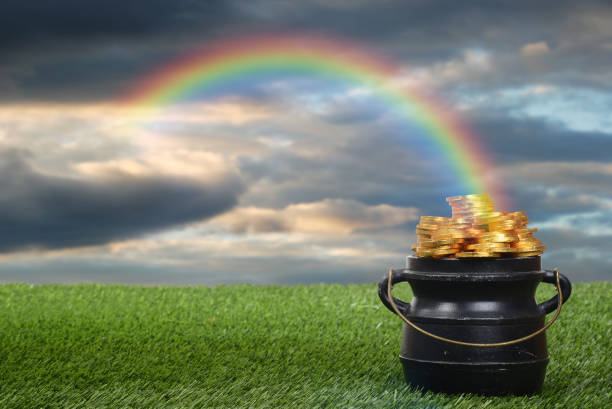pot of gold with rainbow closeup pot of gold with rainbow cauldron photos stock pictures, royalty-free photos & images