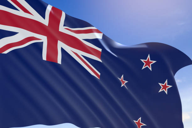 rendering 3d della bandiera neozelandese che sventola sul cielo blu - waitangi day foto e immagini stock