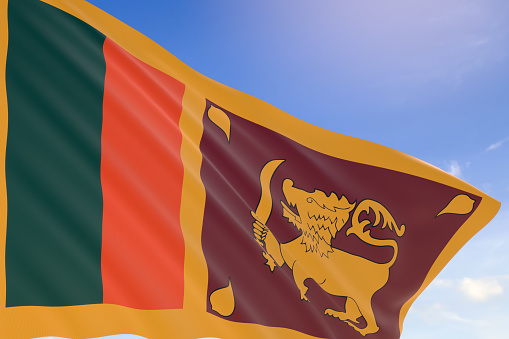 3D rendering of Sri Lanka flag waving on blue sky background, Sri Lanka's Independence Day is celebrated on 4th of February