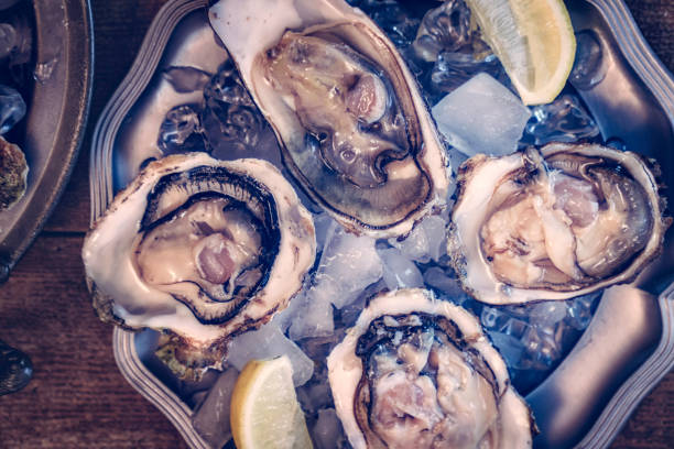 istock Oysters on plate with ice and lemon 643090128