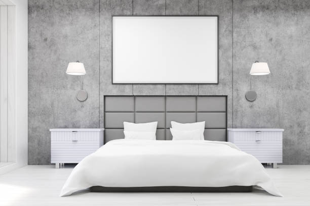 istock Front view of bedroom with gray walls 643091144