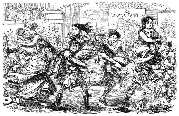 The abduction of the Sabine women by Roman men who were seeking wives. Their unsuccessful negotiation with the Sabines of the nearby area provoked the Romans into planning their mass abduction of women at a festival. From “The Comic History of Rome” by Gilbert Abbott à Beckett and illustrated by John Leech. Published by Bradbury and Evans, London in 1850. The illustrator has included a few Victorian details, such as some of the women  being dressed in crinolines and poke bonnets!
