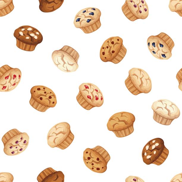 ilustraciones, imágenes clip art, dibujos animados e iconos de stock de patrón sin costuras con muffins. ilustración vectorial. - muffin cake cupcake blueberry muffin