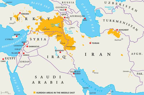 Kurdish areas in the Middle East, political map Kurdish areas in the Middle East, political map. Countries with their apitals, national borders and important cities. Kurdish areas in orange color. Illustration with English labeling. Vector. kurdistan stock illustrations