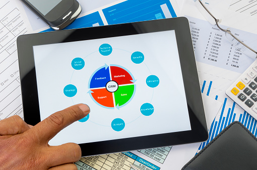 CRM diagram on a digital tablet with paperwork