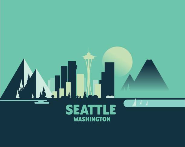 Seattle Skyline - Iconic Illustrations of Cities Seattle Skyline Illustration with Mount Rainier, Seattle Space Needle, and Ocean views. mt rainier stock illustrations