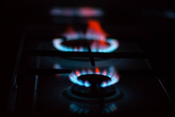 flames of gas burners on stove - blue flame natural gas fireplace imagens e fotografias de stock