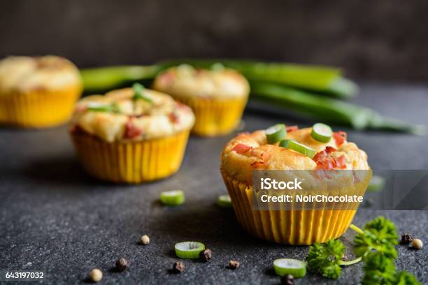 Salty Bacon Muffins With Onion Stock Photo - Download Image Now - Savory Pie, Small, Muffin