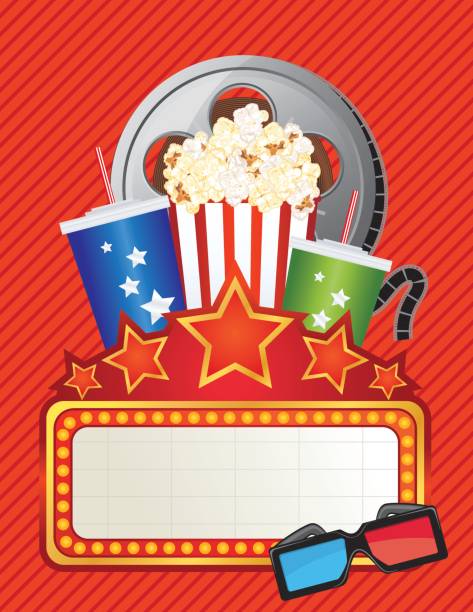 Theatre Elements And Marquee Movie Night Background lots of theatre elements.  Room for text in the marquee sign. theater marquee red carpet movie theater movie stock illustrations