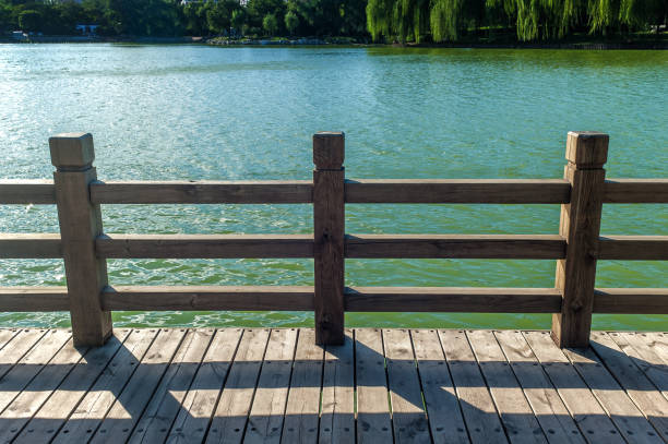 istock Wooden guardrail at the lakeside 643201822