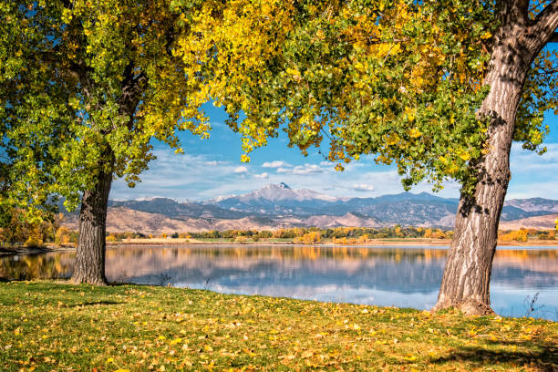 A picture of Longs peak and meeker as seen across Macintosh Lake in Colorado framed by Tree foliage in the fall