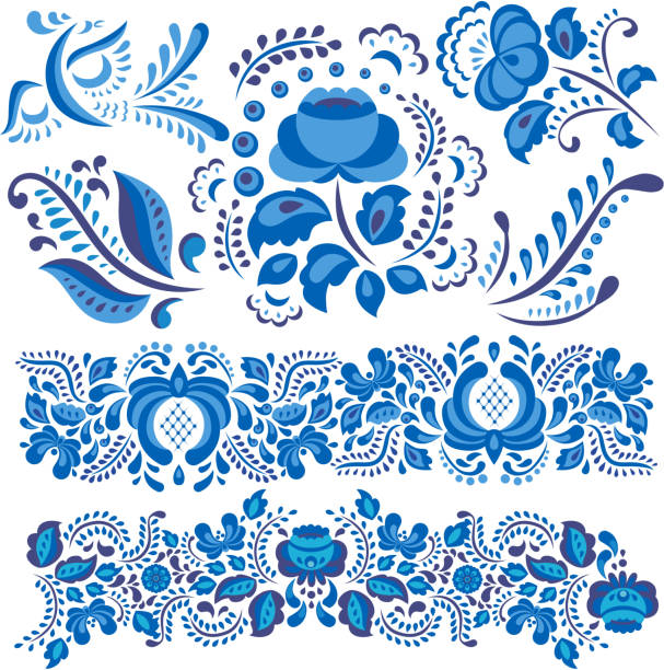 ilustraciones, imágenes clip art, dibujos animados e iconos de stock de ilustración de vector con motivo floral de gzhel en tradicional estilo ruso aislado en blanco y adornadas de flores y hojas en azul y blanco - cultura rusa