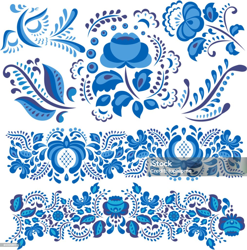 Vector illustration with gzhel floral motif in traditional Russian style isolated on white and ornate flowers and leaves in blue and white Vector illustration with gzhel floral motif in traditional Russian style isolated on white and ornate flowers and leaves in blue and white. Floral elements in ornament painting for folk craft design. Russia stock vector