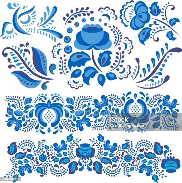 Vector Illustration With Gzhel Floral Motif In Traditional Russian Style Isolated On White And Ornate Flowers And Leaves In Blue And White Stock Illustration - Download Image Now