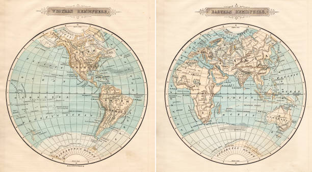 World in hemispheres 1881 Colton's Common School Geography 1881 New York Sheldon and Co. eastern hemisphere stock illustrations
