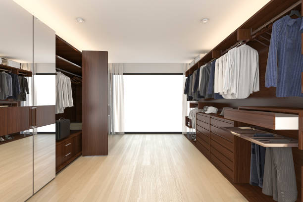 istock 3d rendering  wood  wardrobe and walk in closet near window 643227384