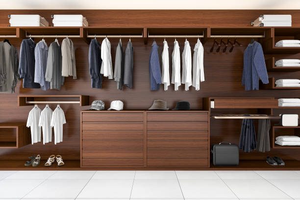 istock 3d rendering beautiful wood horizontal wardrobe and walk in closet 643227410
