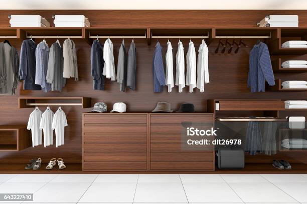 3d Rendering Beautiful Wood Horizontal Wardrobe And Walk In Closet Stock Photo - Download Image Now