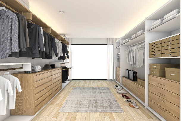 istock 3d rendering minimal white wood walk in closet 643227496