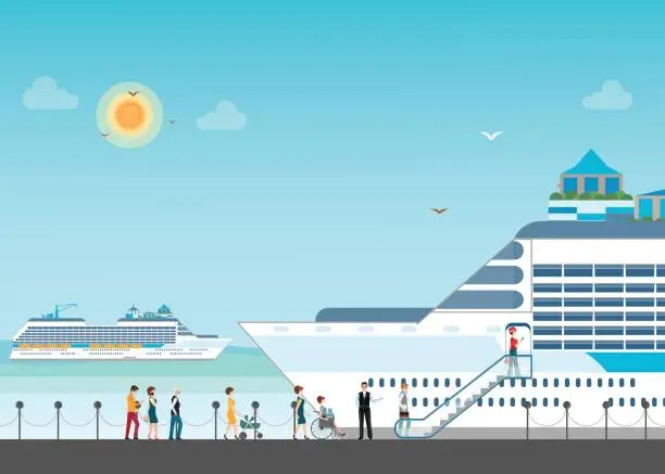 Vector illustration of Cruise ship anchored  at sea port with cruise peopl in line.