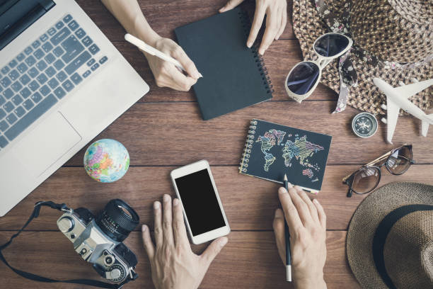 Overhead view of Traveler's accessories and items with notebook