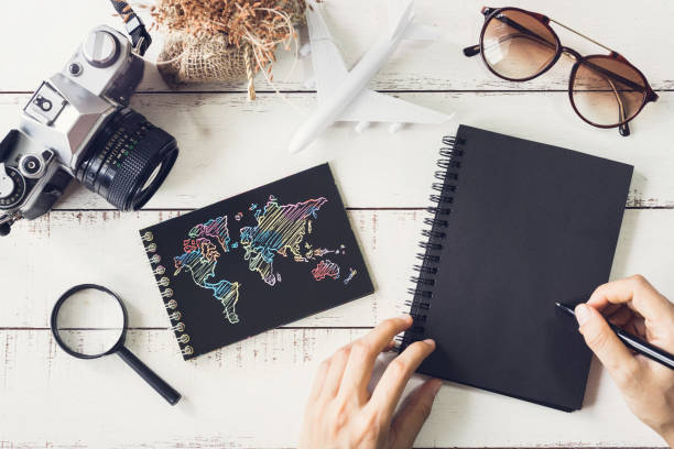 istock Traveler's accessories and items with black notebook and copy space 643235456