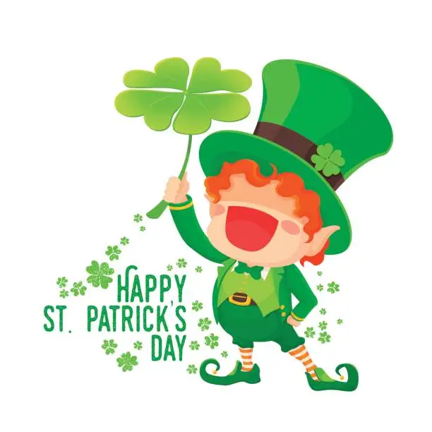 Vector illustration of Happy St. Patrick's Day Leprechaun Holding Shamrock