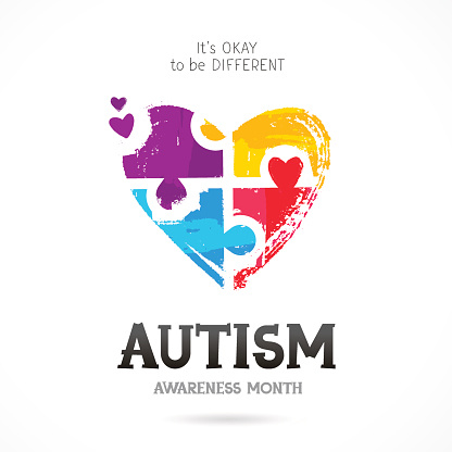 Autism Awareness Month. It's okay to be different. Trend lettering. Multicolored puzzle in the form of heart of brush strokes. Healthcare concept. Vector illustration on white background.