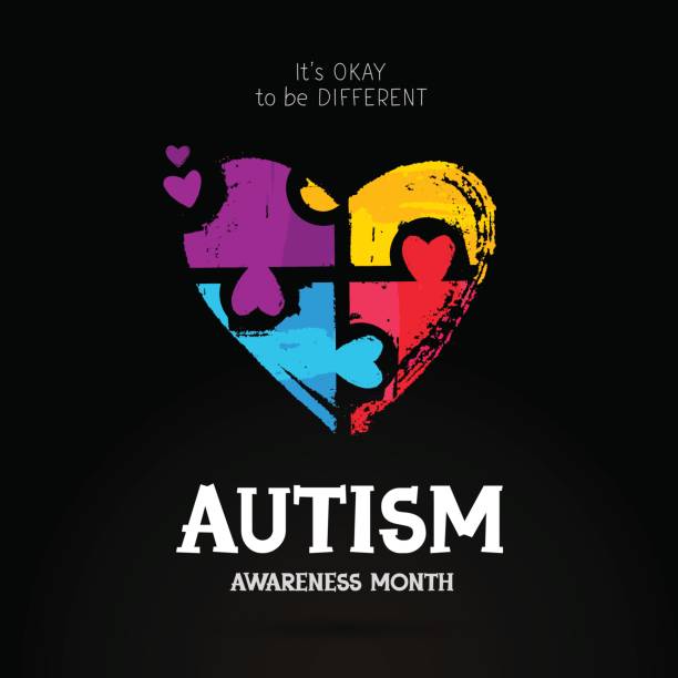Multicolored puzzle in the form of hear Autism Awareness Month. It's okay to be different. Trend lettering. Multicolored puzzle in the form of heart of brush strokes. Healthcare concept. Vector illustration on a black background. defection stock illustrations