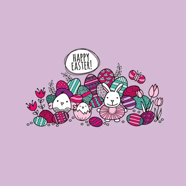 Vector illustration of Happy Easter Colorful Eggs Hand Drawn Doodle Vector