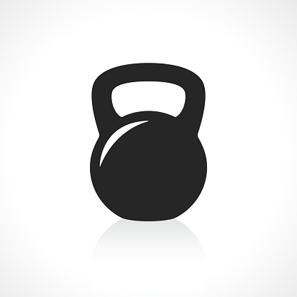 Black kettlebell icon with reflection on gray background