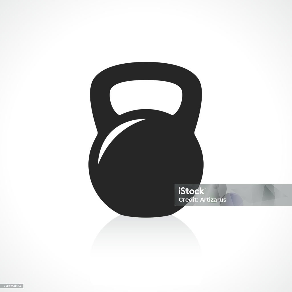 Kettlebell icon Black kettlebell icon with reflection on gray background Kettlebell stock vector