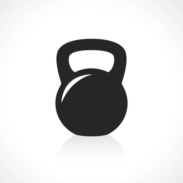 Kettlebell icon Black kettlebell icon with reflection on gray background kettlebell stock illustrations