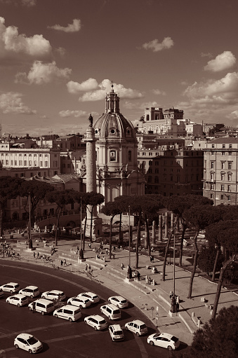 Rome rooftop street view with ancient architecture in Italy in black and white.