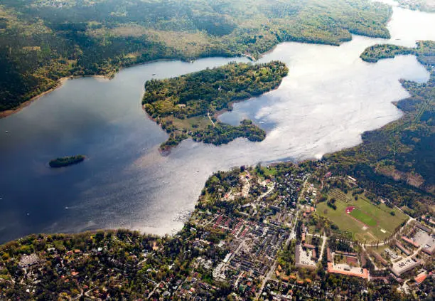 aerial of the Wannsee in Berlin with sailing boats