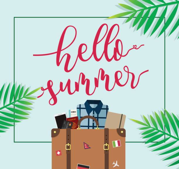 istock Hello Summer travel luggage with tropical background 643267830