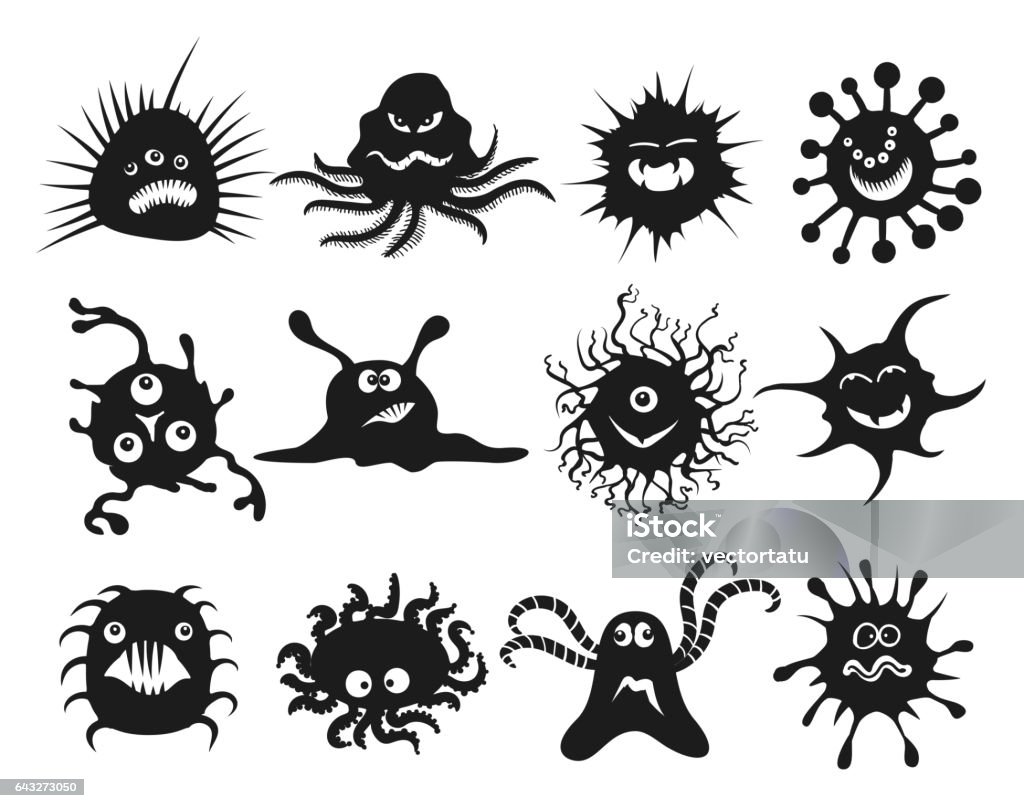 Bande dessinée virus noir icônes - clipart vectoriel de Bactérie libre de droits