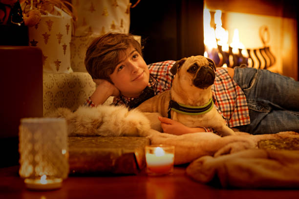 istock Young boy in christmas scene with festive decorations in indoor setting 643278226