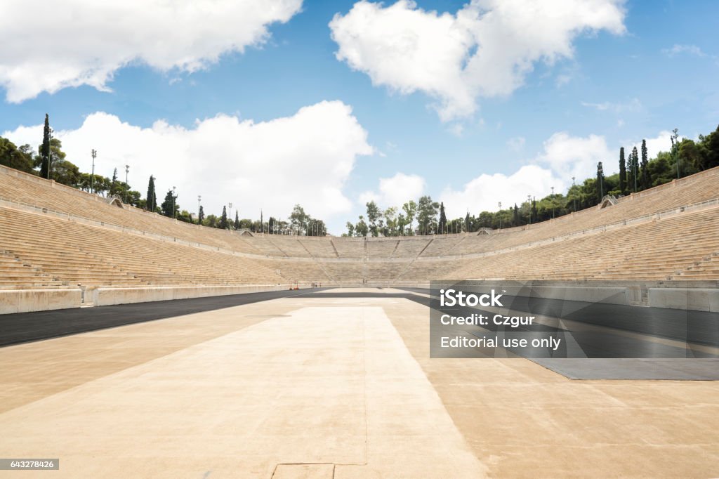 Panathenaic Stadium, Athens, Greece Athens, Greece - September 8,2016: Detail from Panathenaic Stadium, a multi-purpose historic stadium in Athens, Greece. It is the only stadium in the world built entirely of marble Ancient Olympic Games Stock Photo