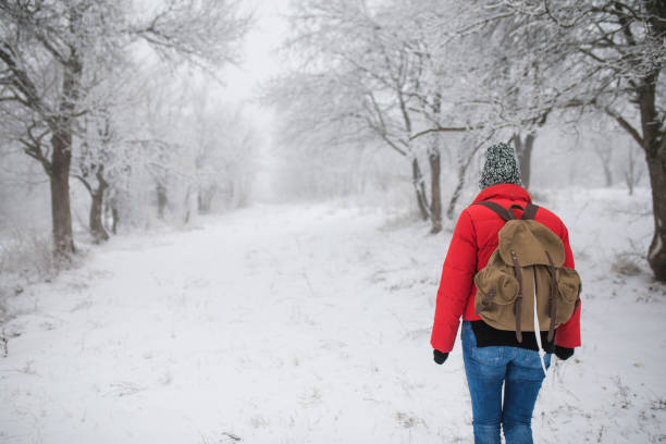Woman with a backpack walking through winter forest.